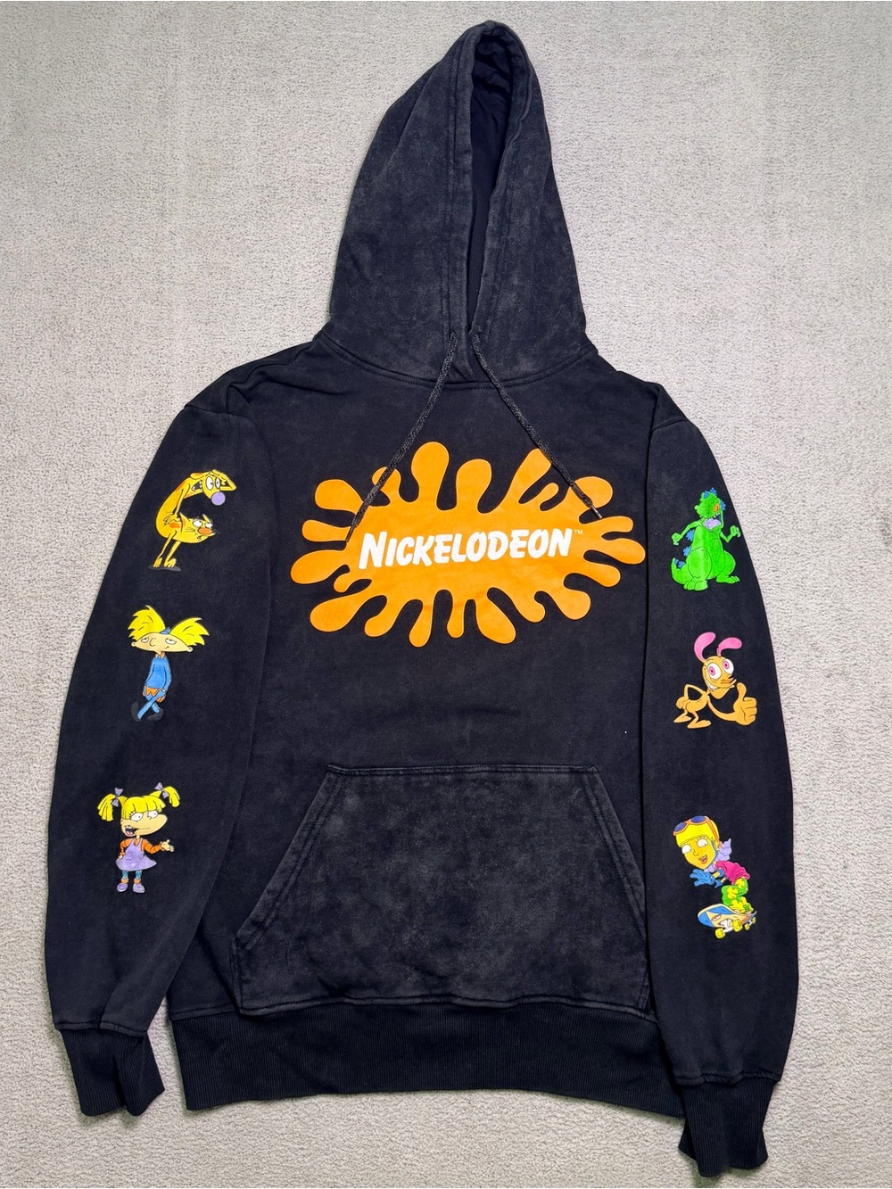 Nickelodeon 90s Cartoon Characters Sleeve Print Hoodie Adult Medium Black